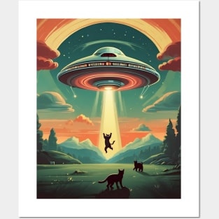 Funny Retro Cat Abducted By UFO Posters and Art